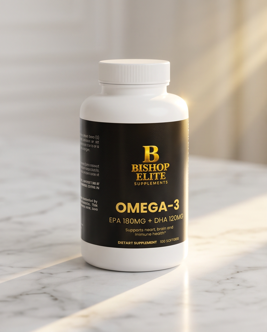 Bishop Elite Omega-3 supplement bottle on a marble surface.  Bishop Elite Supplements 