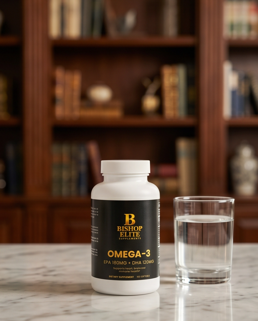 Bishop Elite Omega-3 supplement bottle on a marble surface with a glass of water and bookshelf in the background. Bishop Elite Supplements 