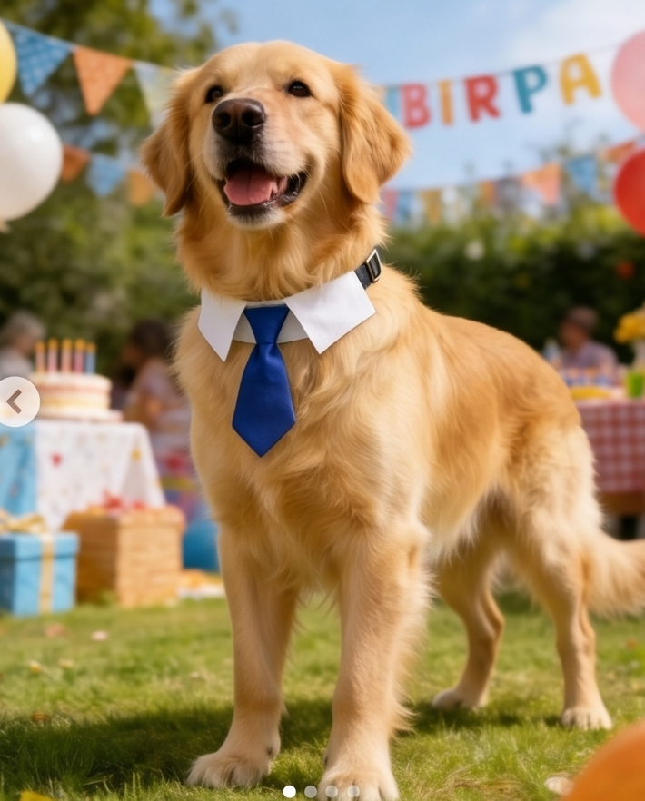 Golden retriever wearing a blue tie at a birthday party with balloons and cake in the background.  Bishop x 