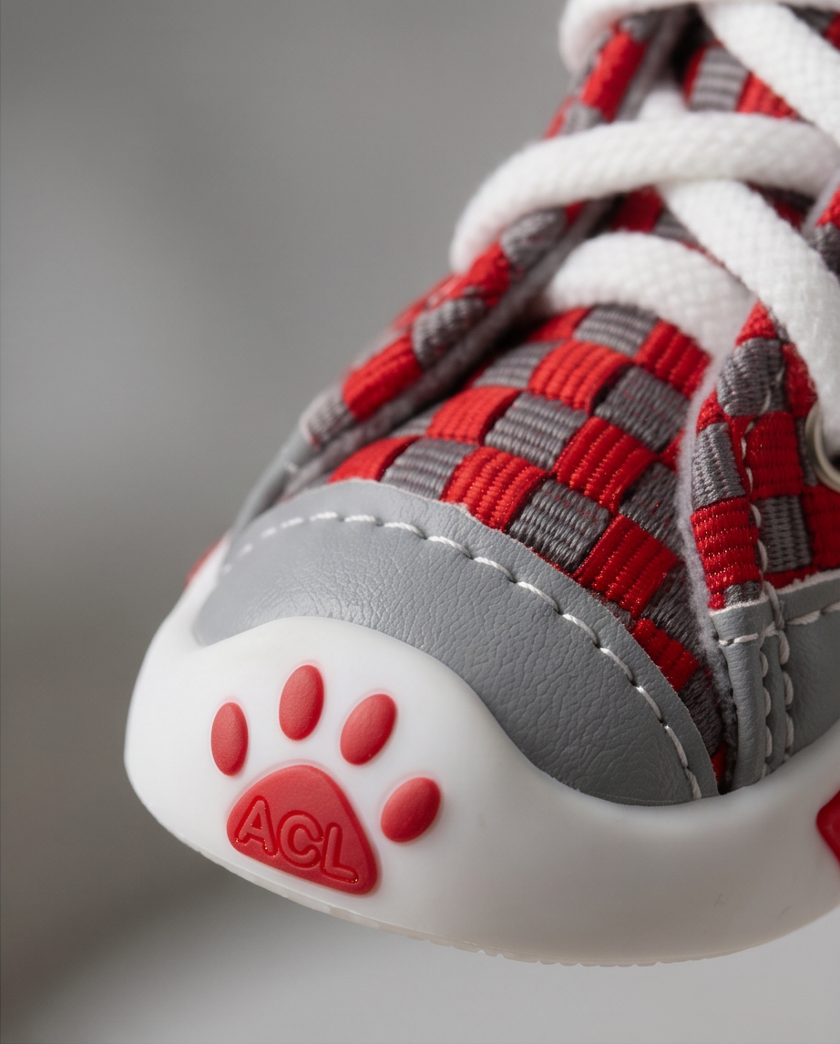 Close-up of a red, gray, and white shoe with a paw print logo on a blurred background. Bishop X 