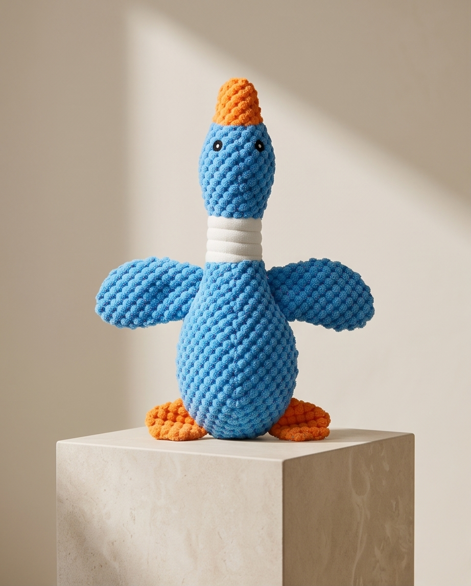 Blue knitted toy duck with orange feet and beak on a light gray pedestal against a beige background.  Bishop x 