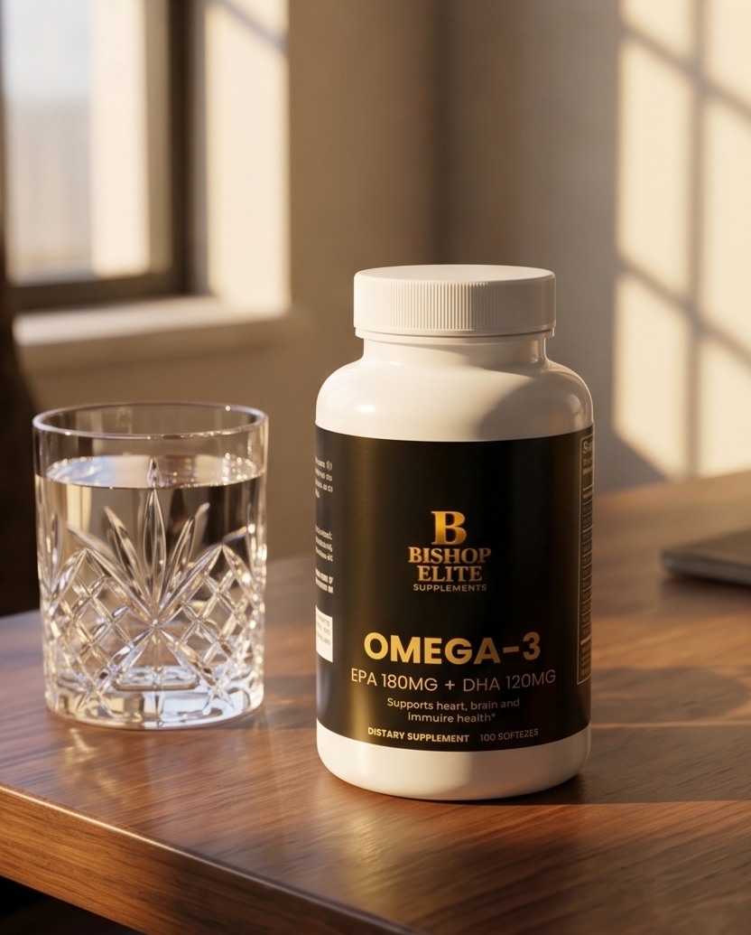 Bottle of Bishop Elite Omega-3 supplement on a wooden surface with a glass of water..  bishop Elite Supplements 