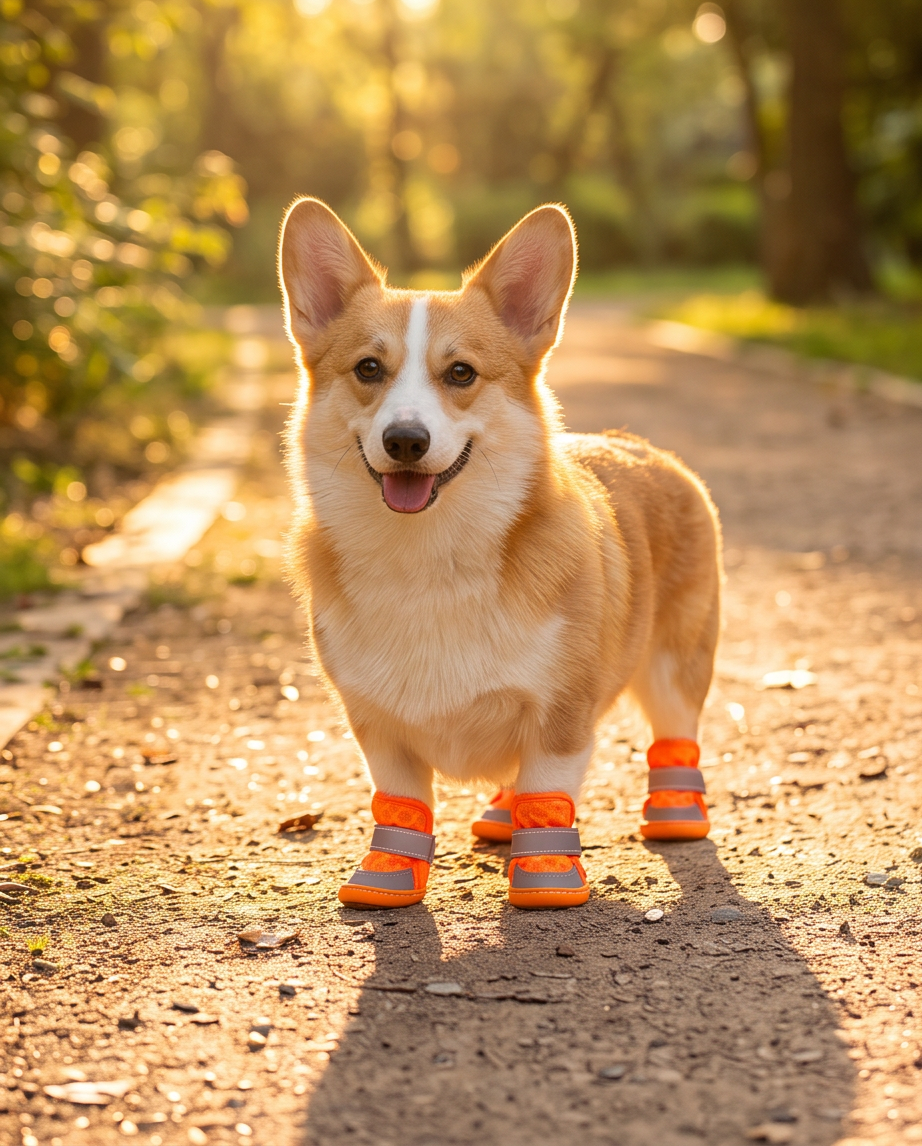 Dog wearing bright orange boots on a dirt path with a blurred natural background.  Bishop X 