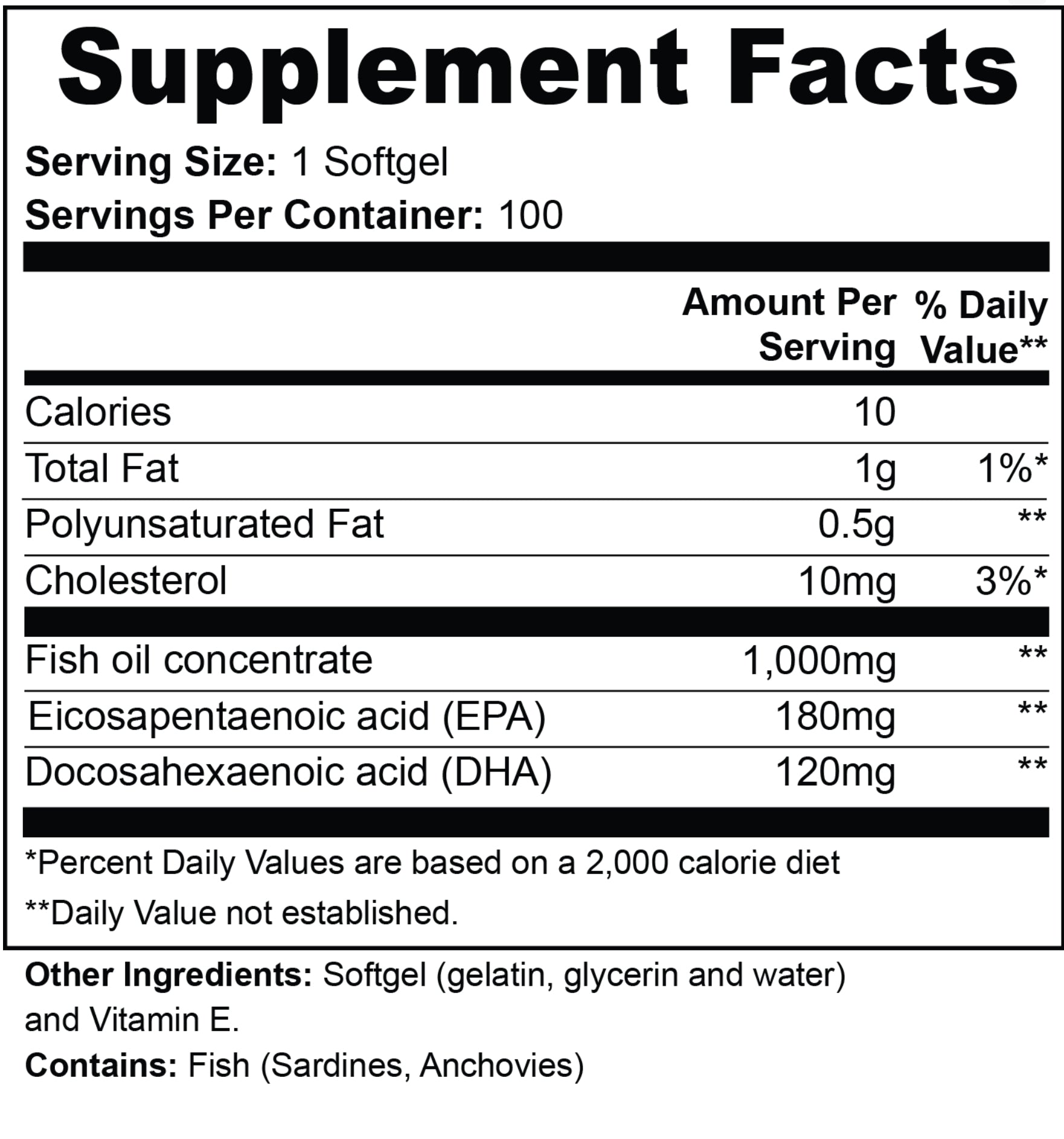 Supplement facts label for a fish oil supplement with detailed nutritional information.