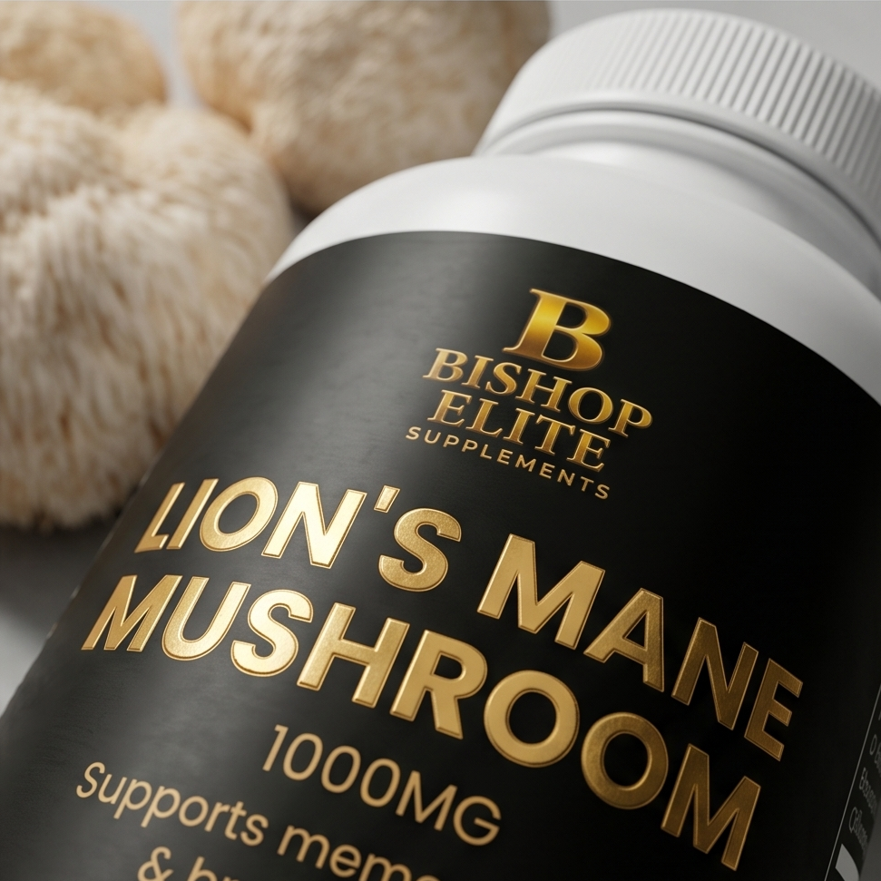 Bottle of Bishop Elite Supplements Lion's Mane Mushroom supplement with mushrooms in the background. Bishop Elite Supplements 