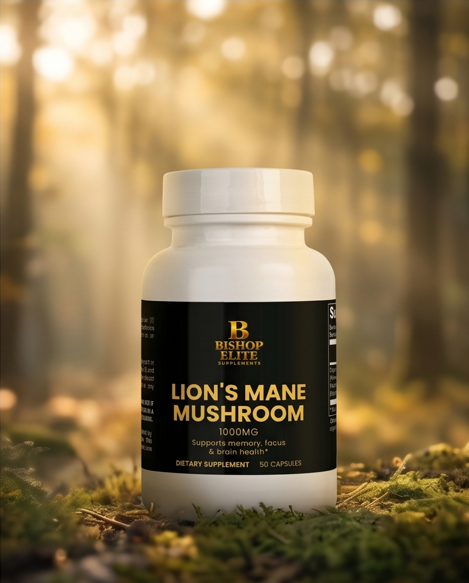 Supplement bottle labeled 'Lion's Mane Mushroom' by Bishop Fit on a forest floor background.  Bishop Elite Supplements 