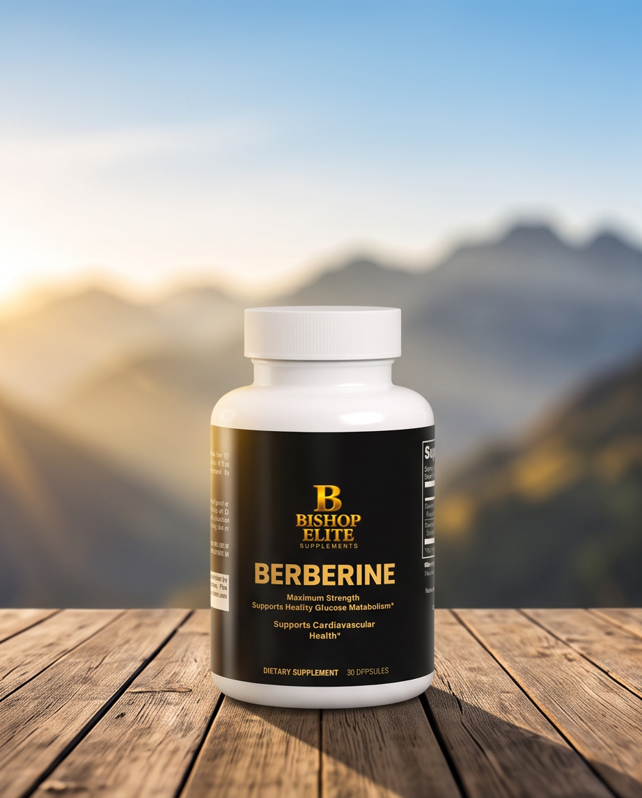 A white bottle of Bishop Elite Supplements Berberine dietary supplement, placed on a rustic wooden table with a blurred mountain landscape background under a blue sky. Bishop Elite Supplements 
