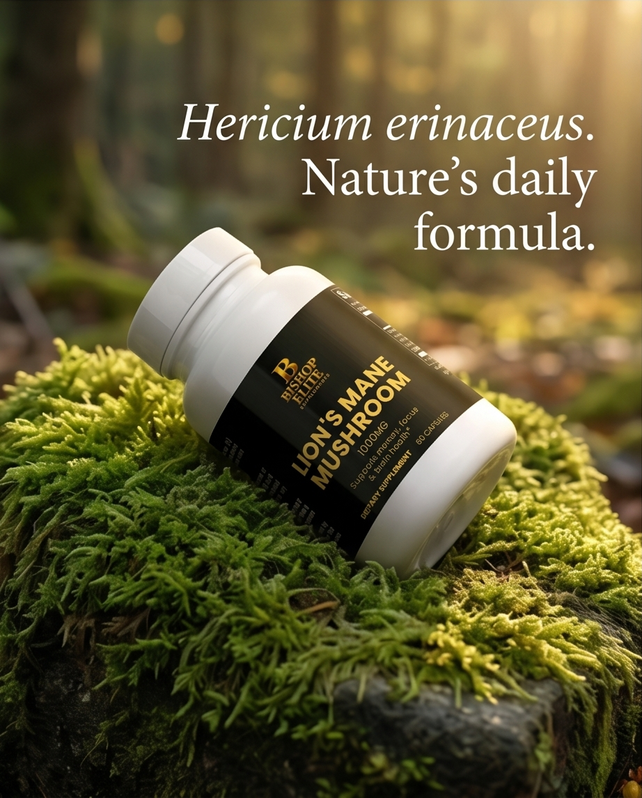 Bottle of lion's mane mushroom supplement on a mossy background with text about Hericium erinaceus. Bishop Elite Supplements 