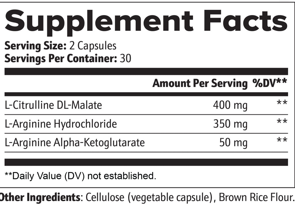 Supplement facts label with ingredients and serving sizes on a white background