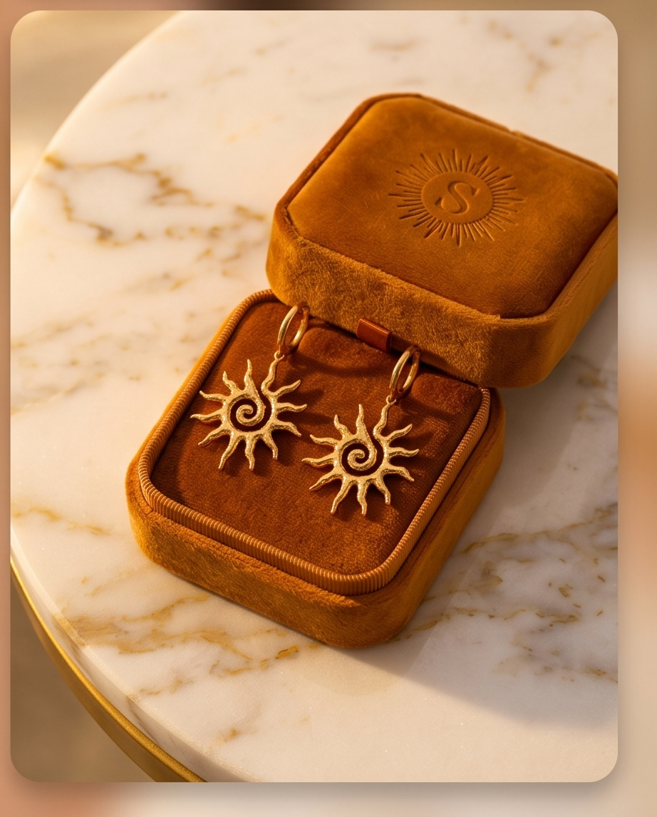 Gold sun-shaped earrings in a brown velvet jewelry box on a marble surface. Bishop X 