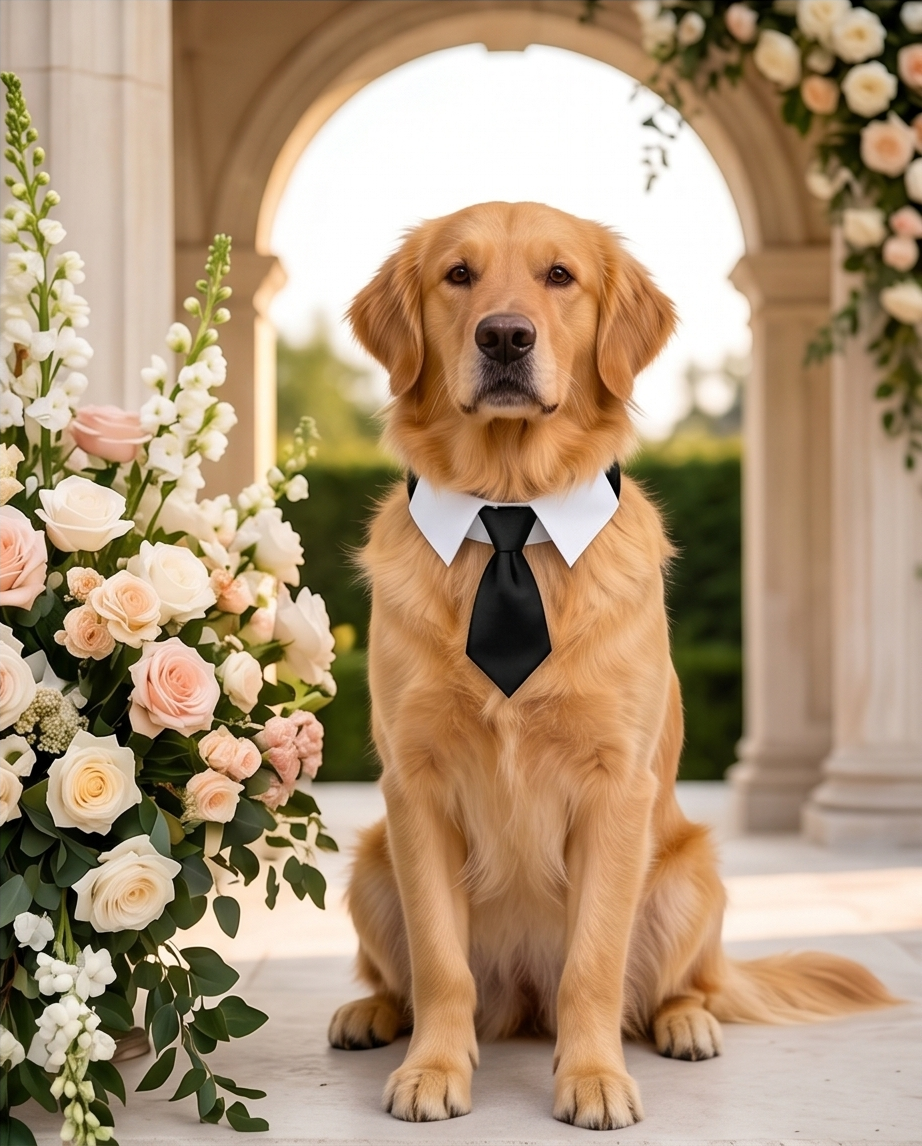 Dog wearing a bow tie sitting in front of floral decorations and an archway. Bishop X 