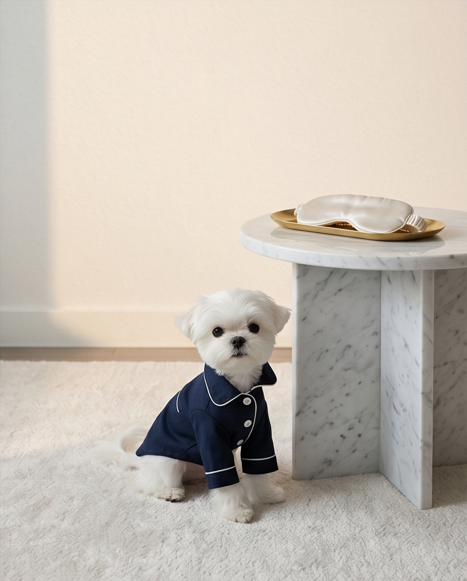 Small white dog wearing a navy blue outfit standing on a light-colored carpet with a marble table in the background. Bishop x 
