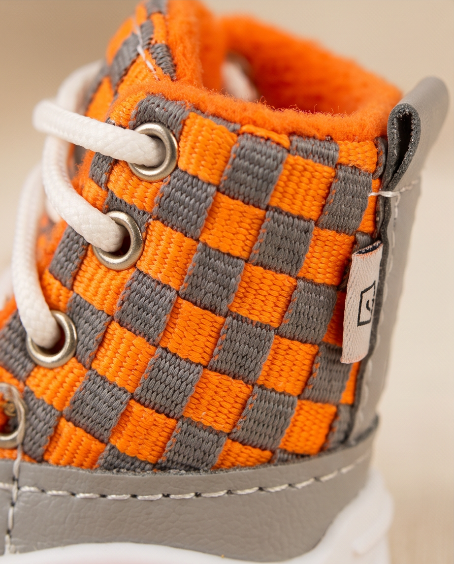 Close-up of a shoe with orange and gray checkered pattern on a beige background. Bishop X 