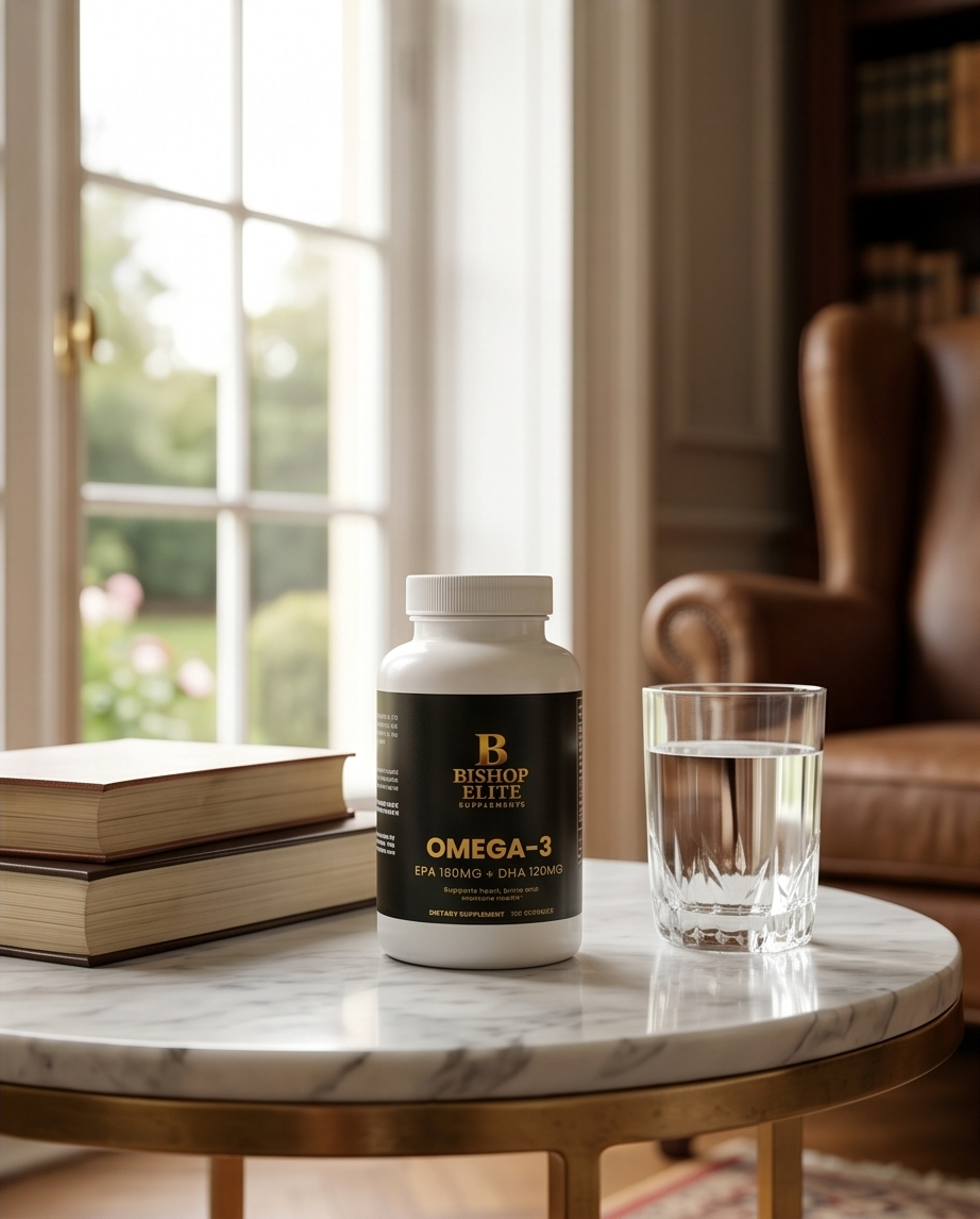 Omega-3 supplement bottle on a marble table with a glass of water and books in a cozy room. Bishop Elite Supplements 