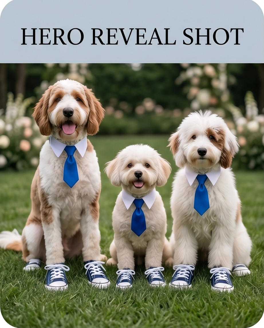 Three dogs wearing blue ties and shoes on a grassy background with 'Hero Reveal Shot' text.Bishop x