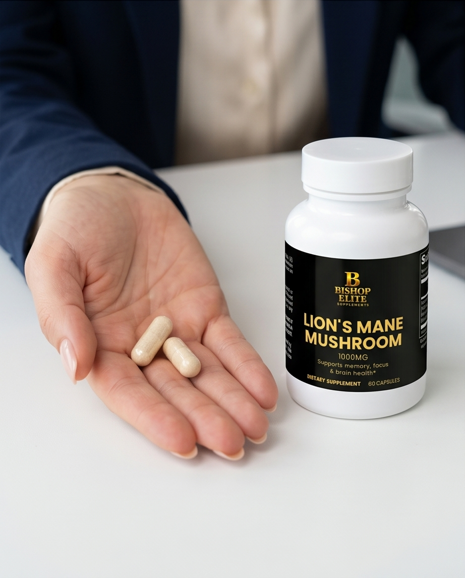 Bottle of Lion's Mane Mushroom supplement with pills on a hand and blurred background.  Bishop Elite Supplements 