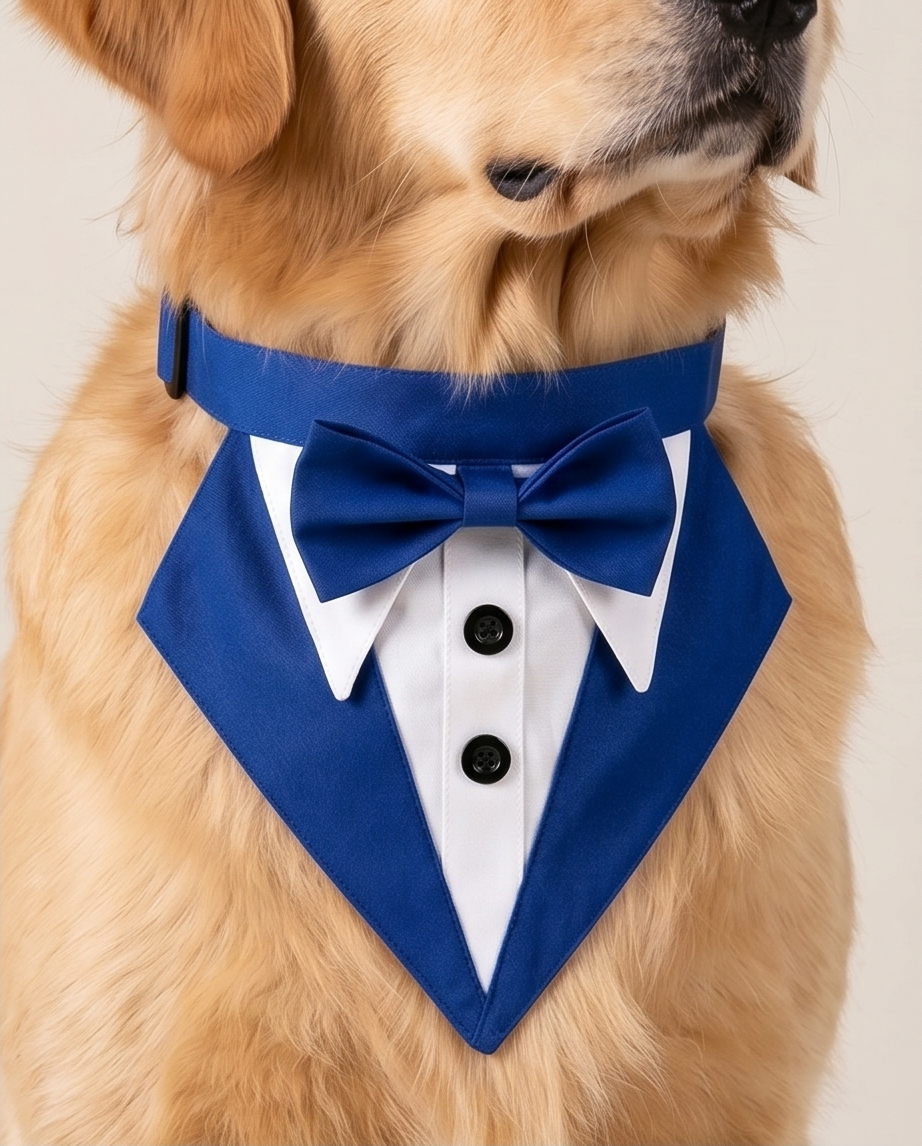 Dog wearing a blue bow tie and white shirt with black buttons on a beige background.   Bishop x 