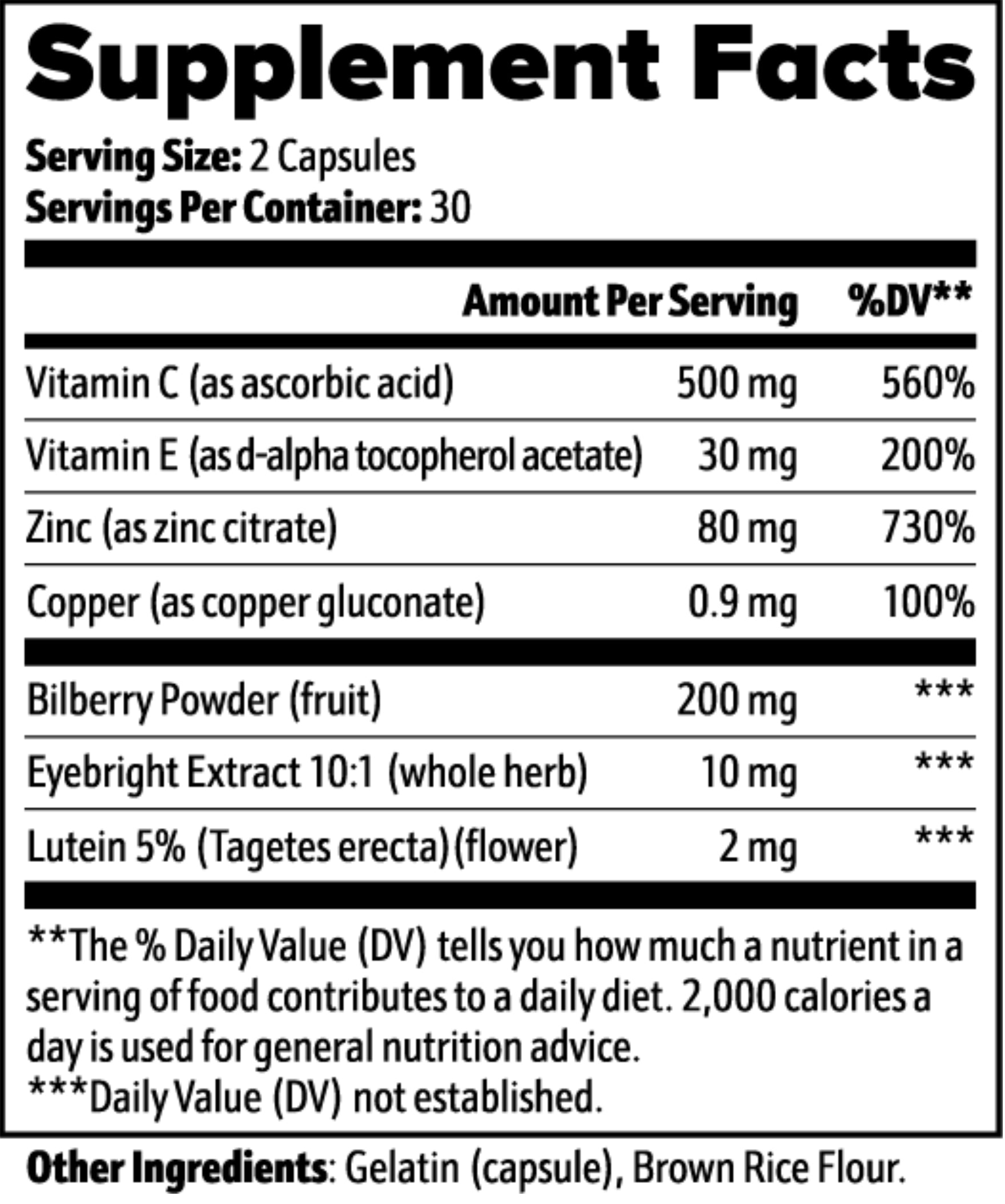 Bilberry, Lutein & Eyebright Botanical Blend — Vitamins C, E, Zinc & Copper | 60 Capsules