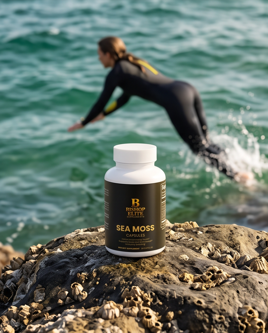 A bottle of Bishop Retreat Sea Moss capsules sits on a rocky shoreline with a blurred surfer in a black wetsuit in the ocean behind it. Bishop Elite Supplements 