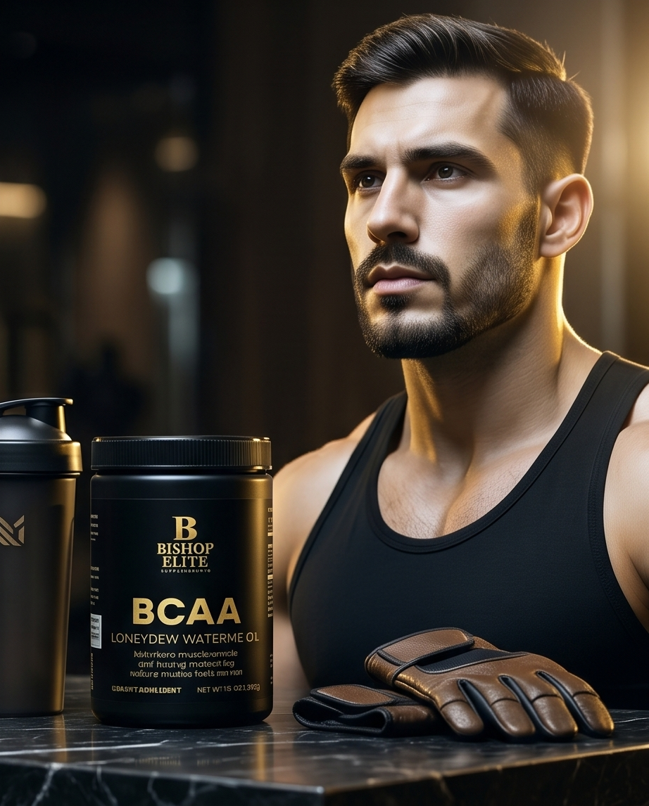 Man in a black tank top with a BCAA supplement container on a dark surface.  Bishop Elite Supplements 