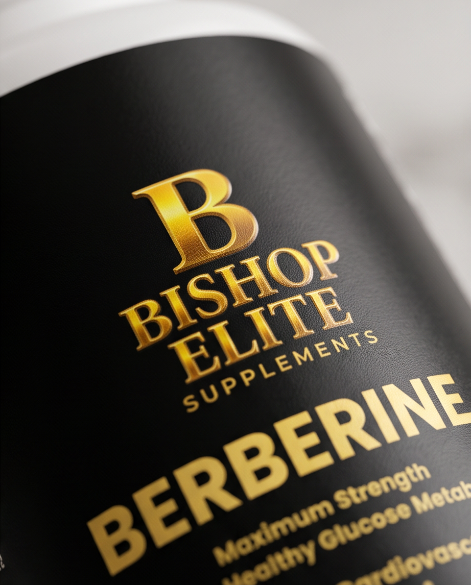 Close-up of a black supplement bottle label with metallic gold lettering reading Bishop Elite Supplements and Berberine. Bishop Elite Supplements 