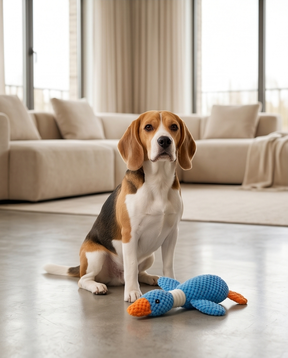 Dog sitting on a wooden floor with a blue toy in a living room. Bishop X 