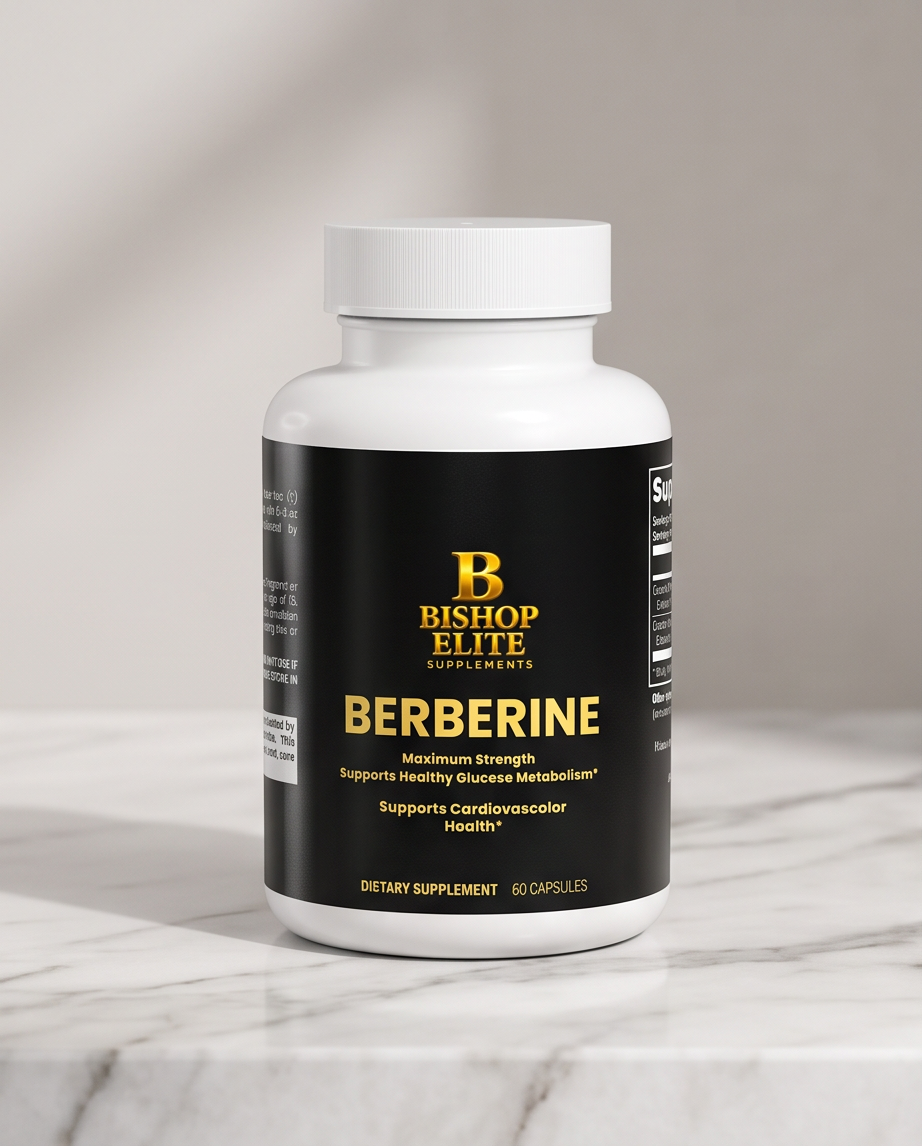 A white bottle of Bishop Elite Supplements Berberine dietary supplement with a black label, resting on a white marble surface against a warm beige background. Bishop Elite Supplements 