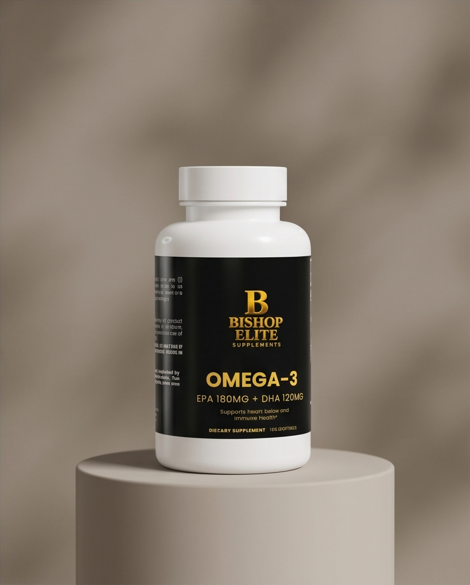Bishop Elite Omega-3 supplement bottle on a neutral background.  Bishop Elite Supplements 