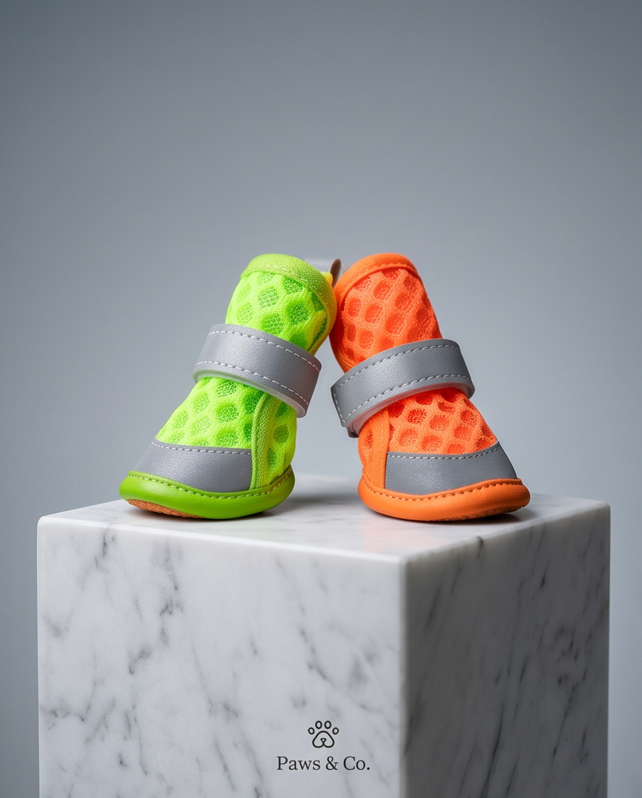 Two colorful dog boots, one green and one orange, on a marble base with a gray background. Brand 'Paws & Co.' is visible. Bishop X 