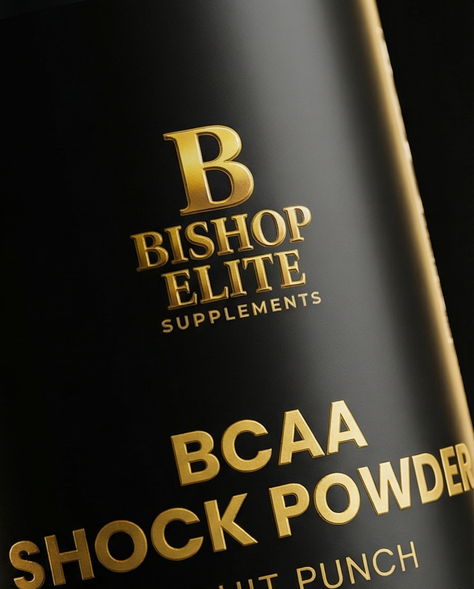 Bottle of Bishop Elite Supplements BCAA Shock Powder with gold text on a black background.  Bishop Elite Supplements 