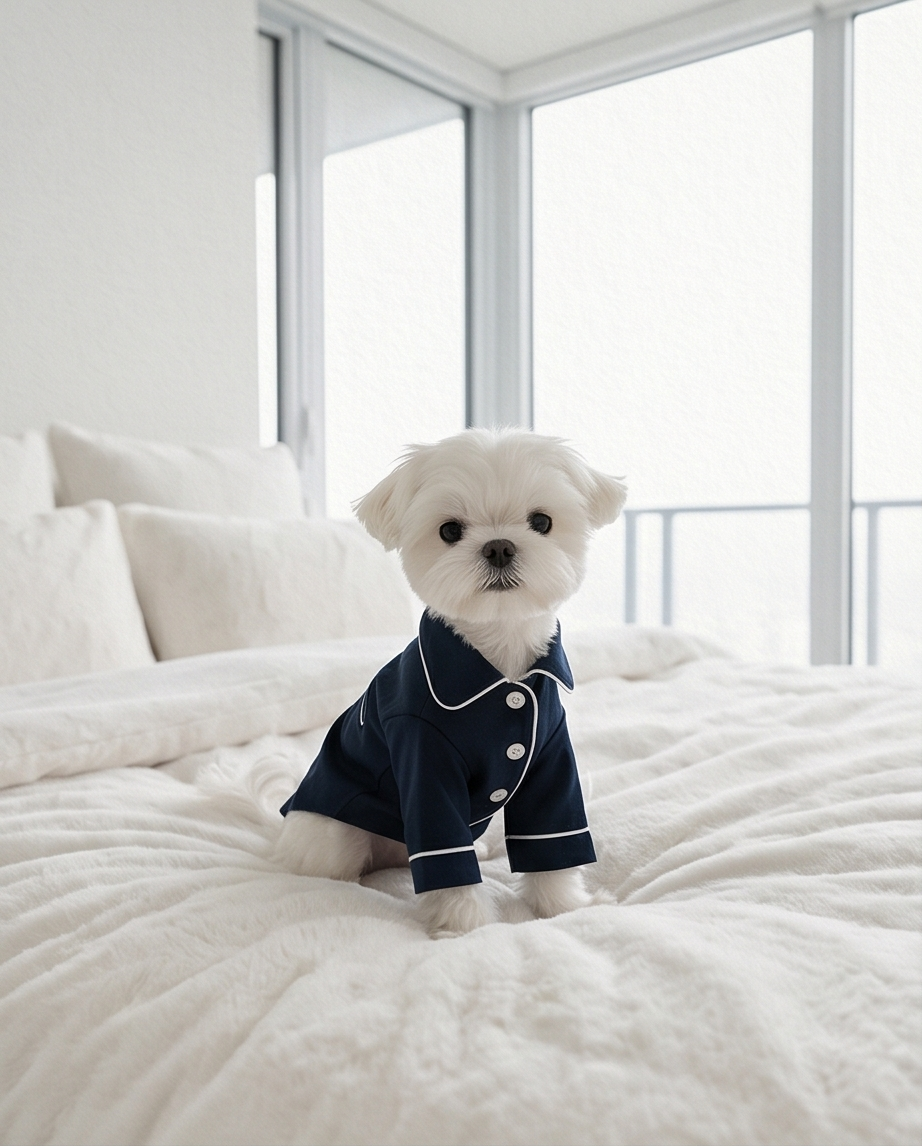 Small white dog wearing a navy blue outfit on a white bed. Bishop x 