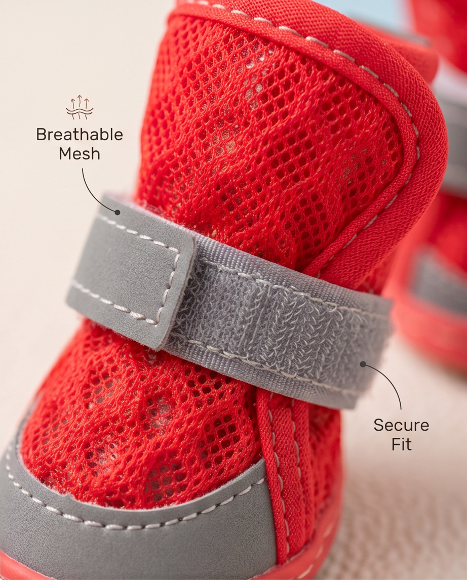 Red mesh pet shoes with gray straps and text highlighting 'Breathable Mesh and 'Secure Fit. Bishop X 