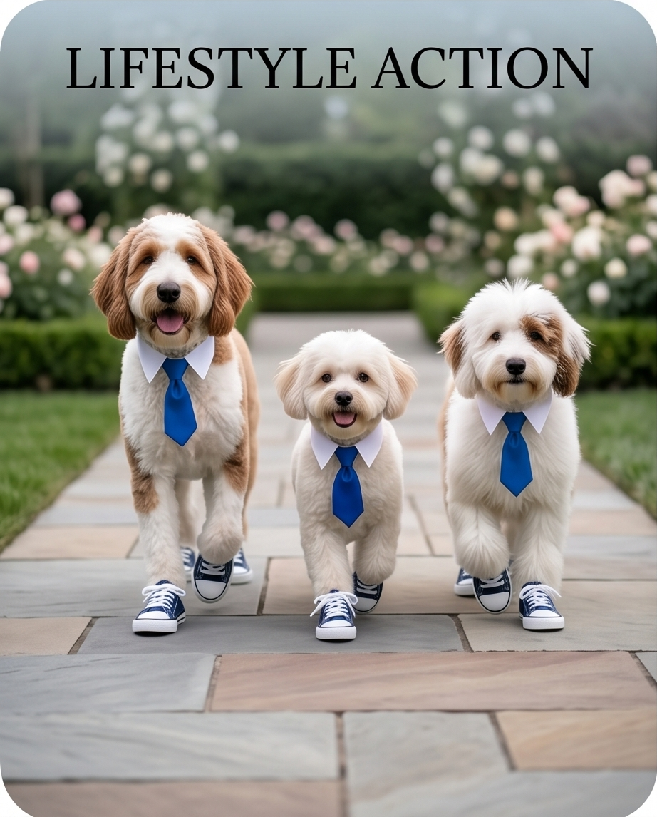 Three dogs wearing ties and shoes on a stone path with flowers in the background.  Bishop x 
