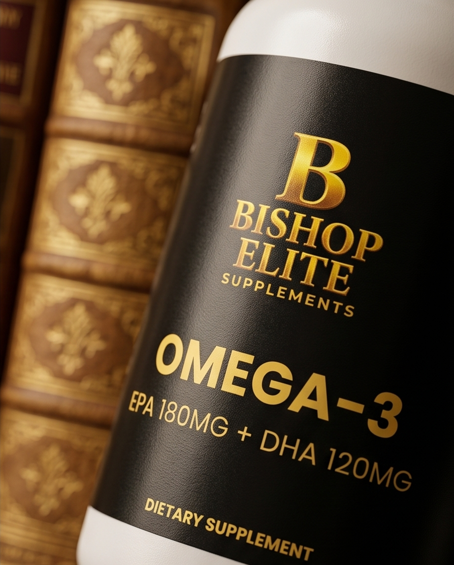 Bishop Elite Supplements Omega-3 dietary supplement bottle with gold text on a dark background. Bishop Elite Supplements 