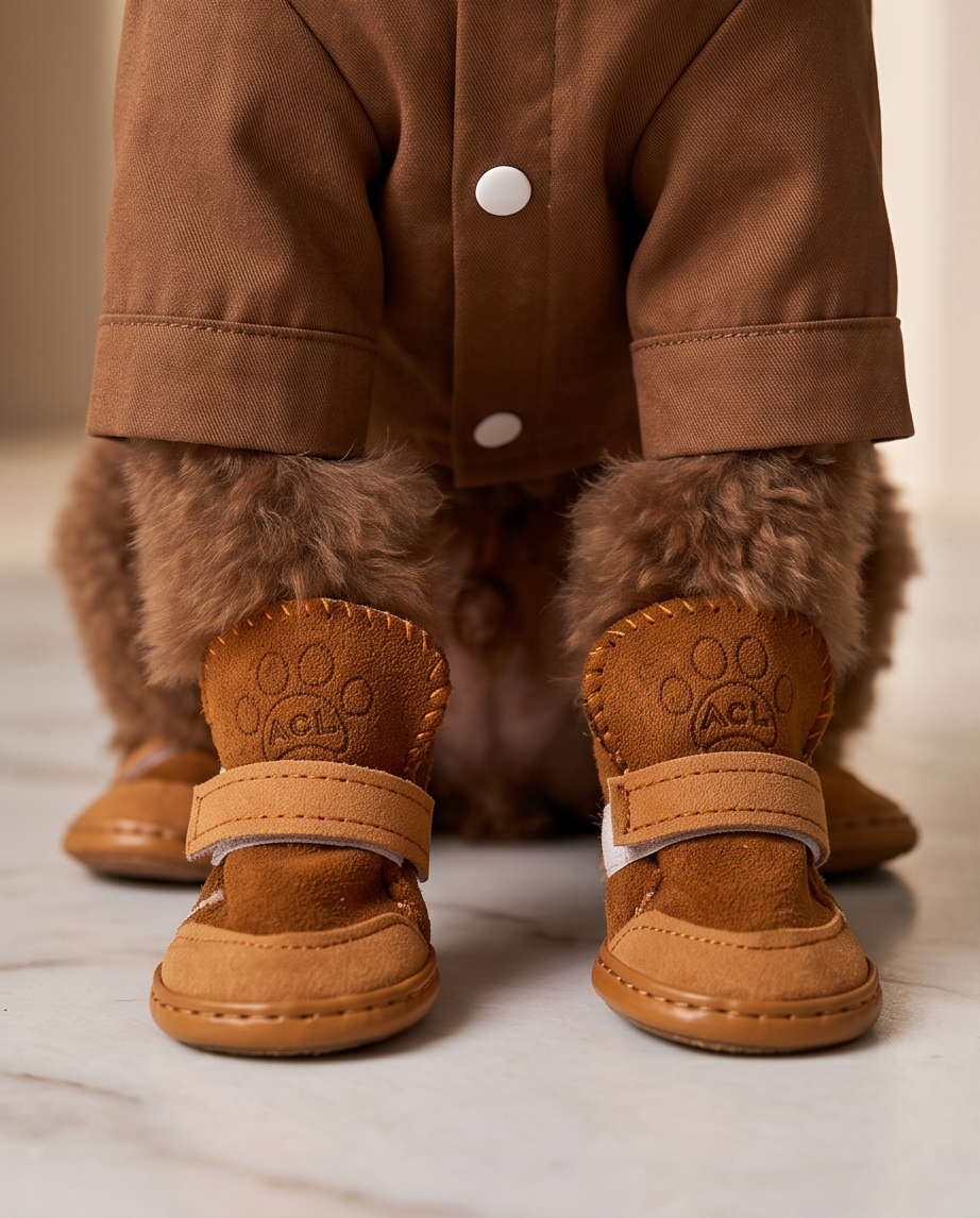 Brown dog boots with paw print design worn by a person in a brown coat. Bishop X 
