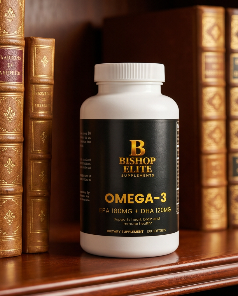 Omega-3 supplement bottle labeled 'Bishop Elite' on a wooden shelf with books..  bishop Elite Supplements 