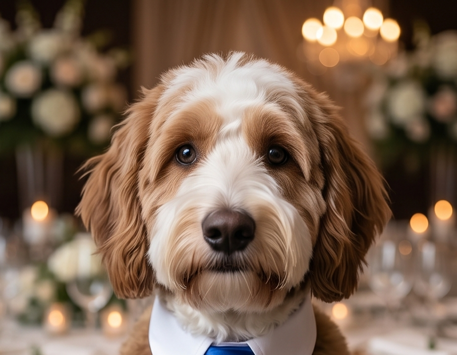 Dog wearing a blue tie in a festive indoor setting with blurred lights and decorations. Bishop X 