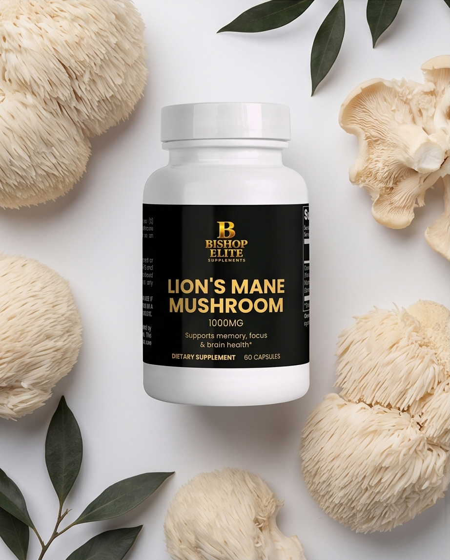 Bottle of Bishop Elite Lion's Mane Mushroom supplement surrounded by lion's mane mushrooms on a white background. Bishop Elite Supplements 