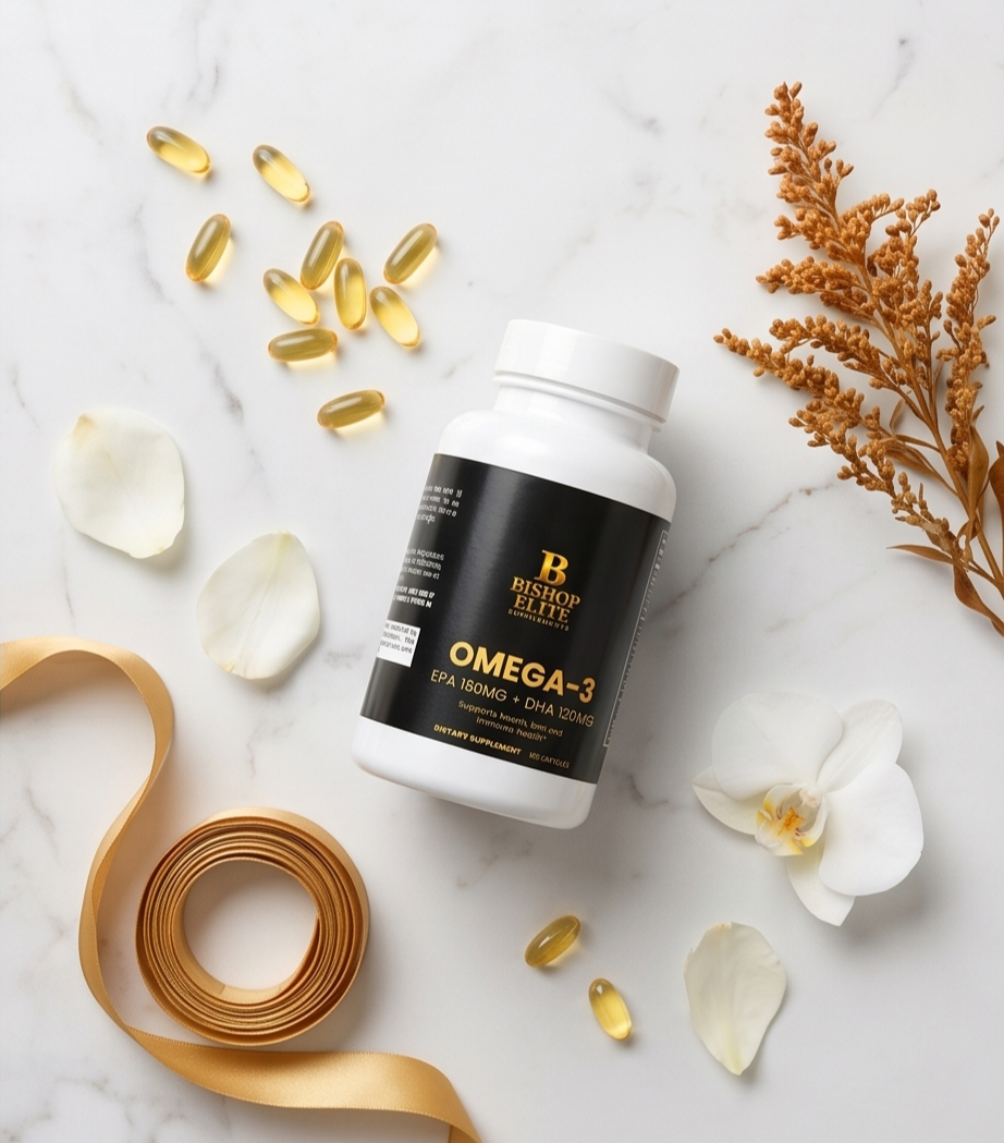 Omega-3 supplement bottle with capsules and decorative elements on a marble surface.  Bishop Elite Supplements 