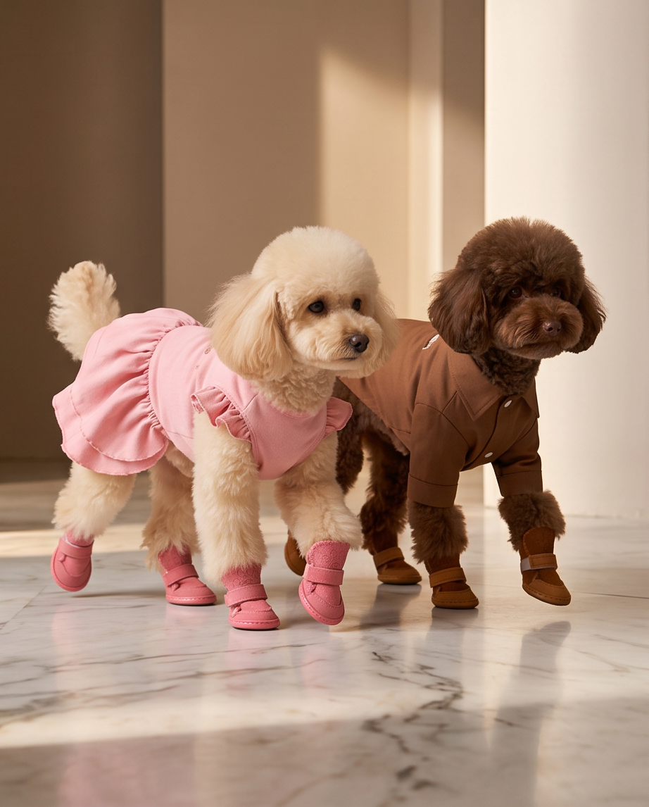 Two dogs, one in a pink outfit and the other in a brown outfit, standing on a marble floor. Bishop X 