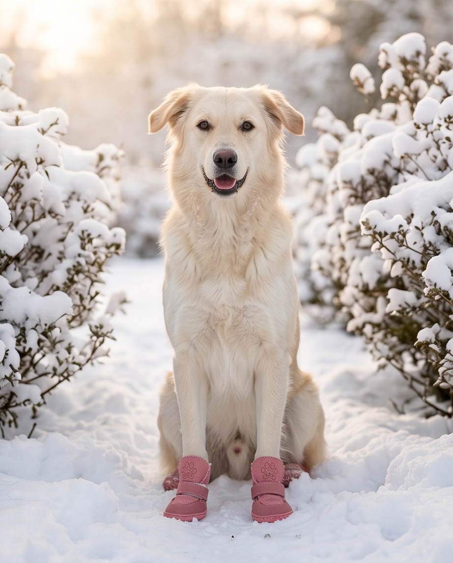Dog sitting in the snow wearing pink boots with a blurred snowy background. Bishop X 
