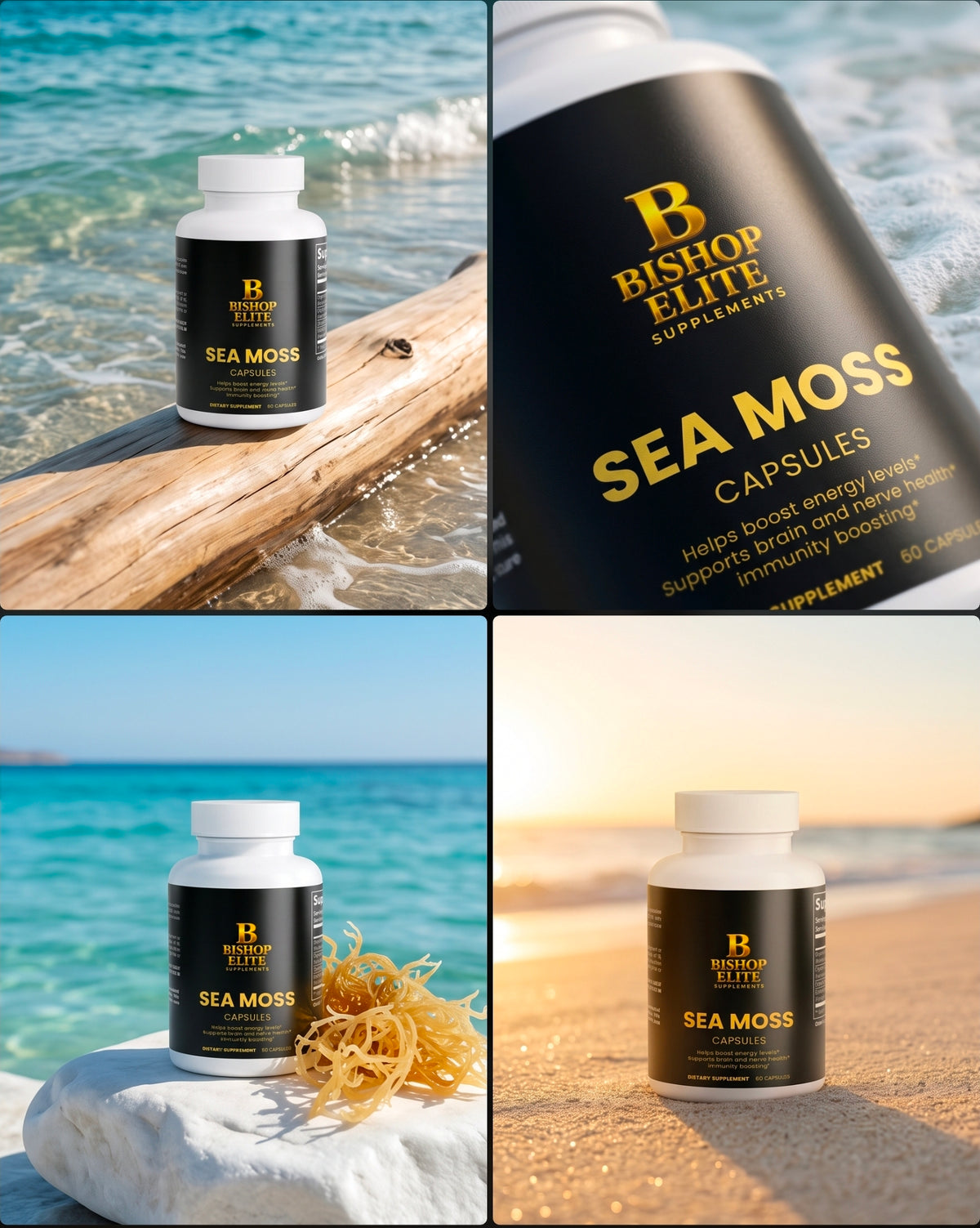 A four-panel collage showing a bottle of Bishop Elite Sea Moss Capsules in different beach settings: ocean water, a close-up of the bottle label, a bottle on a rock with sea moss, and the bottle on sand at sunset. Bishop Elite Supplements 