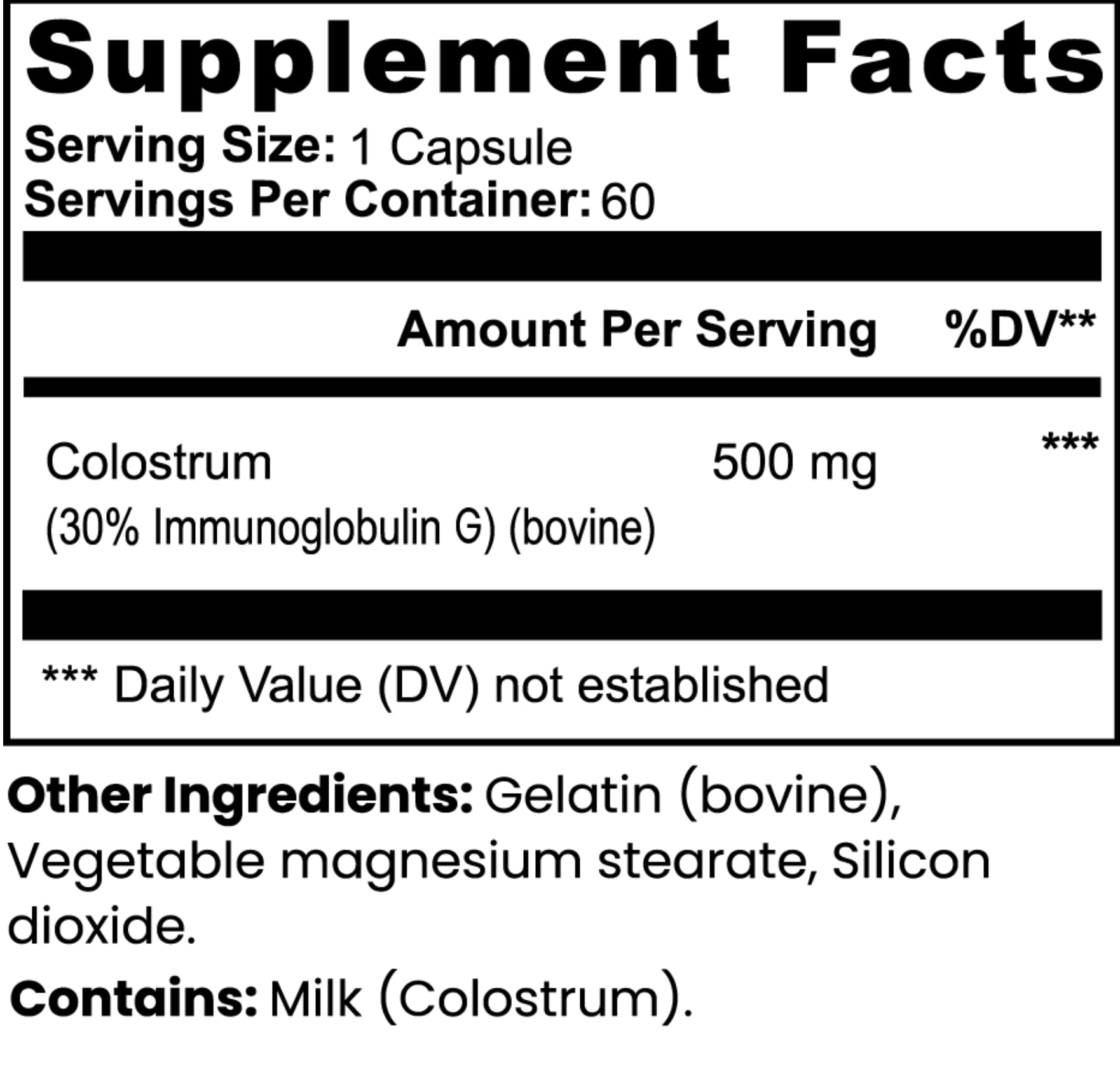 Supplement facts label with colostrum content and other ingredients on a white background