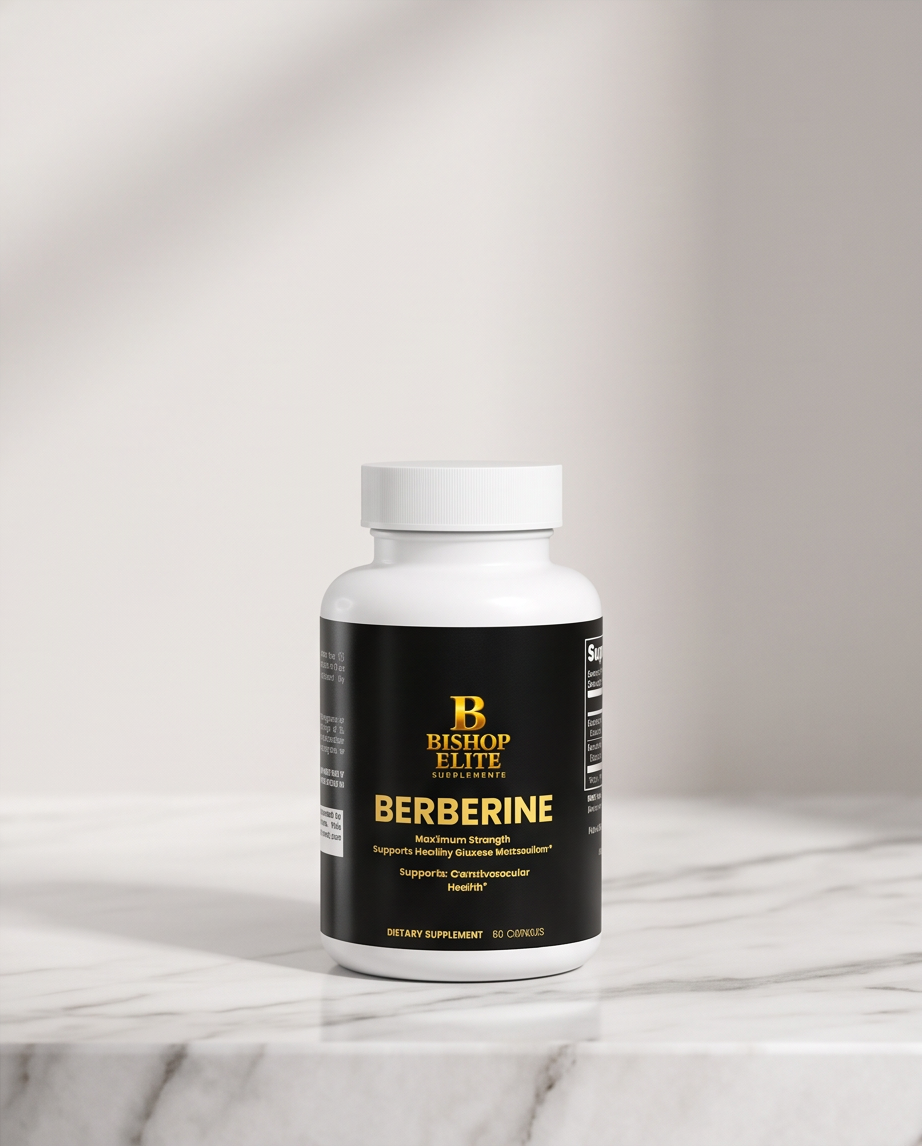 A white bottle of Bishop Elite Berberine dietary supplement with a black label, resting on a white marble surface against a warm beige background. Bishop Elite Supplements 