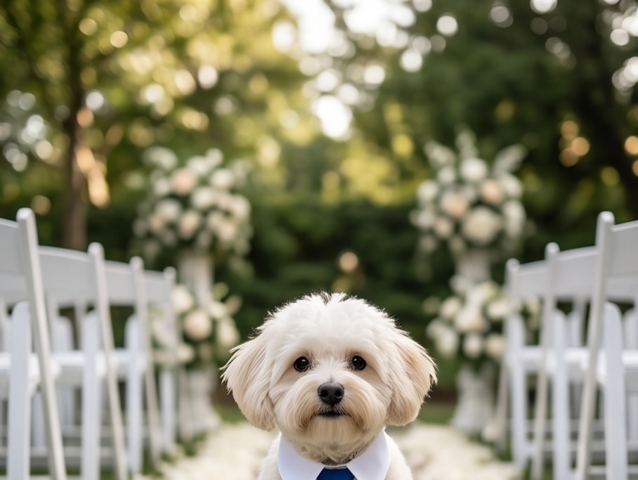 Small white dog in a formal outfit standing in front of white chairs and floral arrangements at an outdoor event. Bishop X 