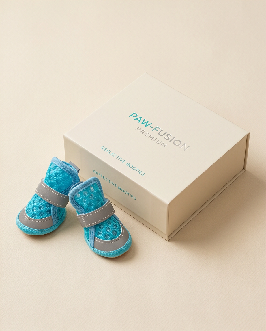 Blue pet boots with gray straps next to a PAW-FUSION box on a beige background.  Bishop X 