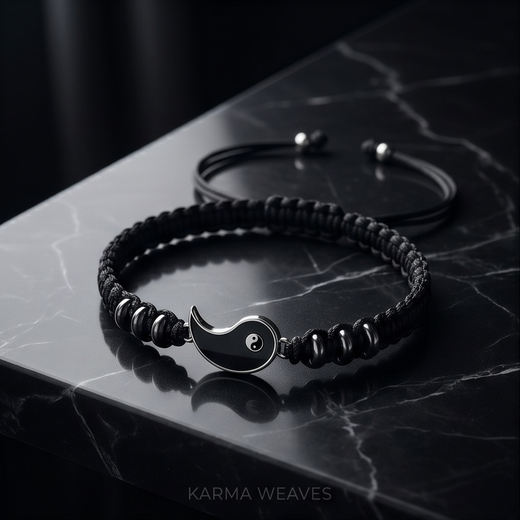Black braided bracelet with a silver yin-yang charm on a dark marble surface, branded Karma Weaves. Bishop X 