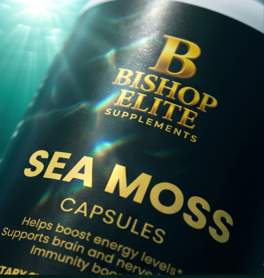 Close-up of a Bishop Elite Supplements Sea Moss Capsules bottle with gold lettering on a dark background, showing light flares and a teal-blue gradient background. Bishop Elite Supplements 
