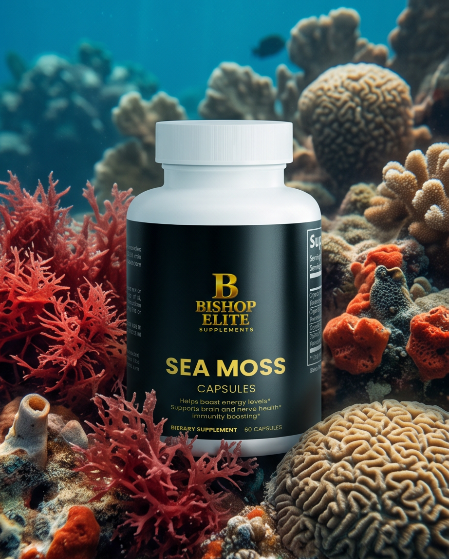 A white bottle of Bishop Elite Supplements Sea Moss Capsules placed in the center of a vibrant coral reef underwater scene. Bishop Elite Supplements 