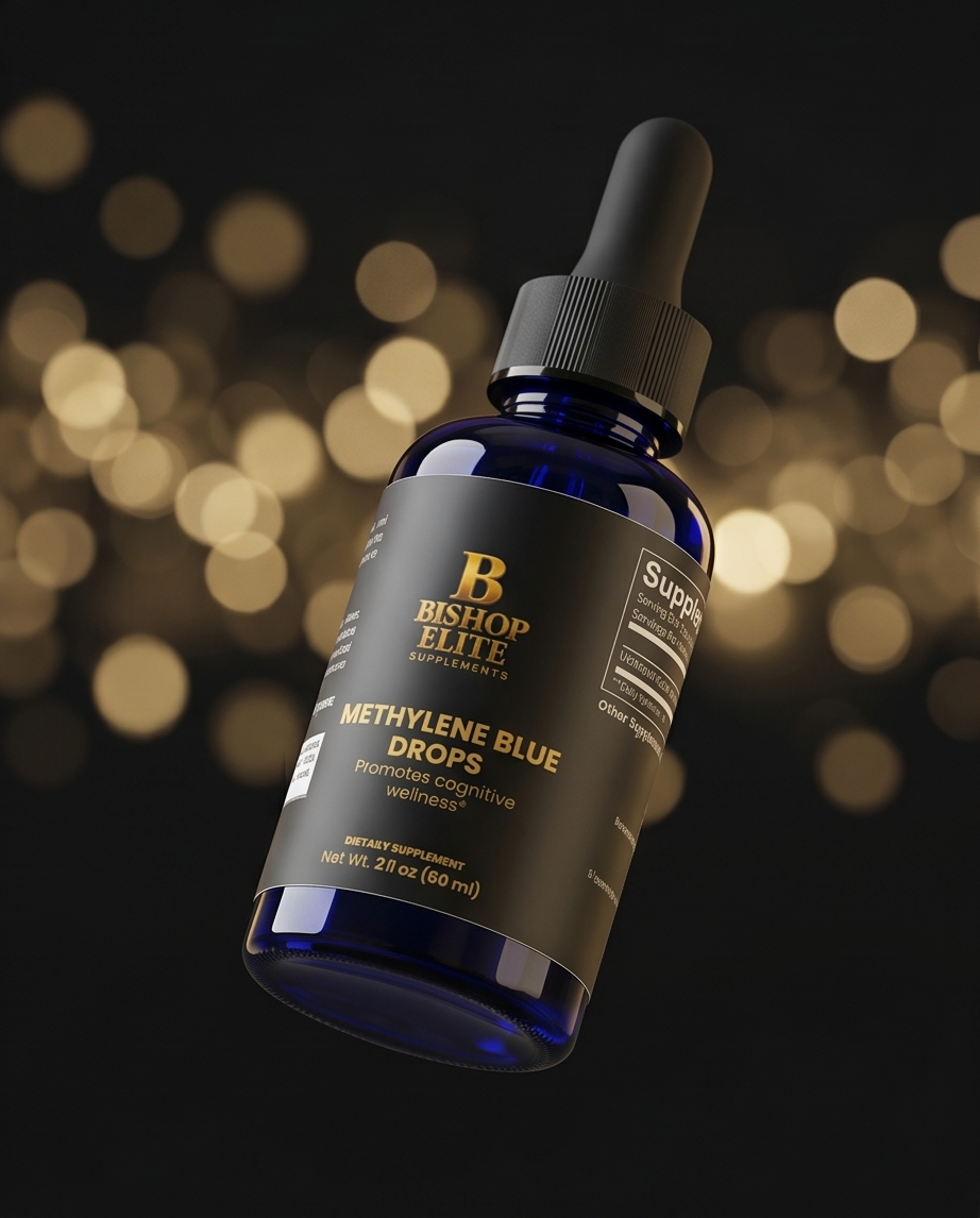 Bottle of Bishop Elite Methylene Blue Drops with a blurred lights background.  Bishop Elite Supplements 